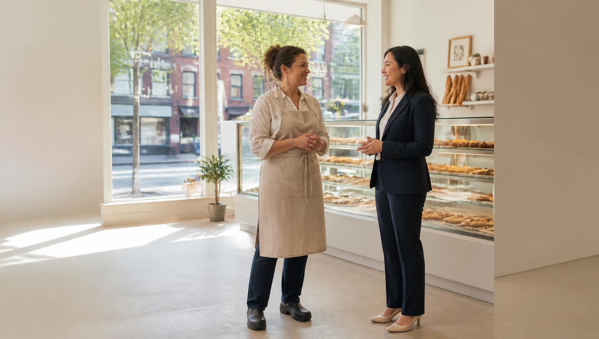 A bakery owner talking with a business insurance representative inside her sunlit Chicago storefront.