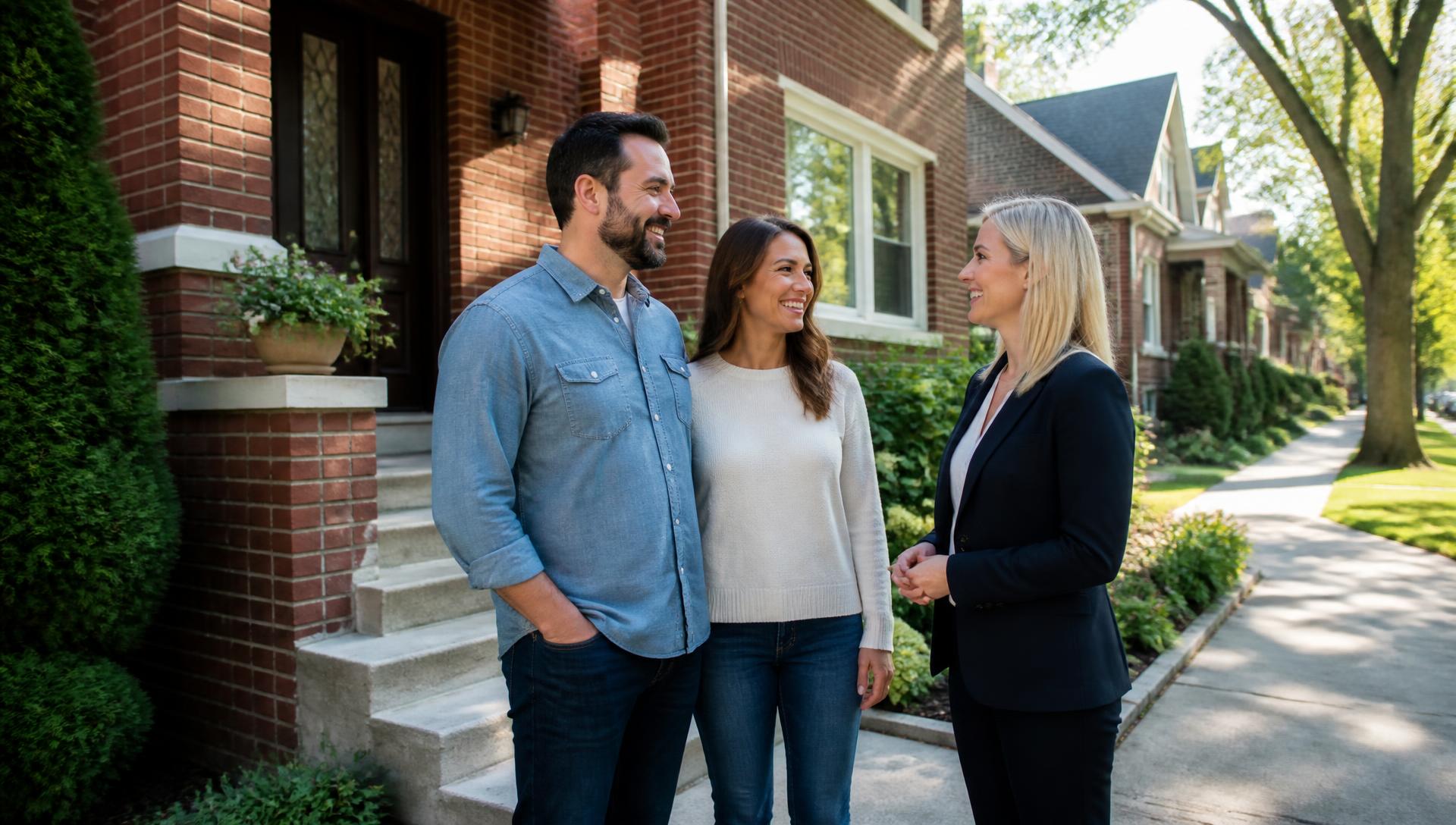 A couple talking with an insurance representative outside a brick bungalow on a tree-lined Chicago street.