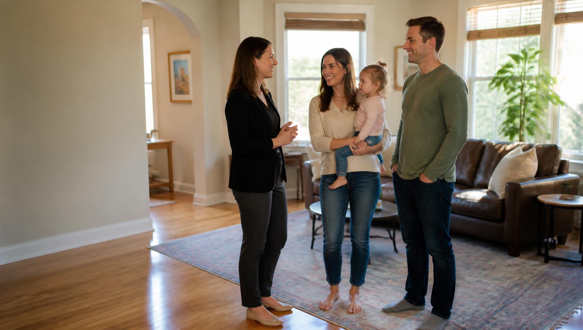 An advisor speaking with a young couple holding their toddler in a warm living room.