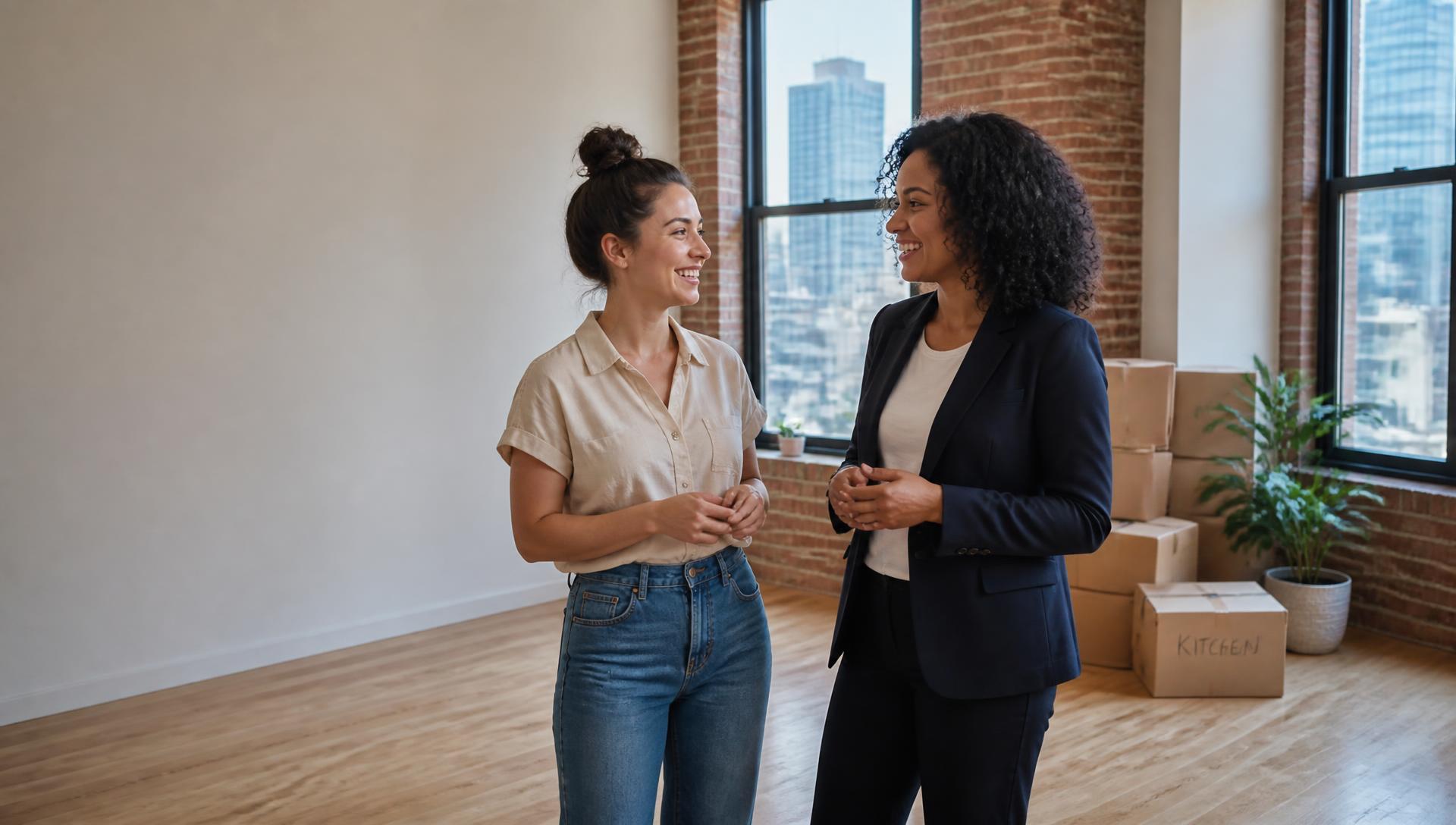 A renter and an insurance representative talking in a sunlit Chicago apartment with moving boxes nearby.