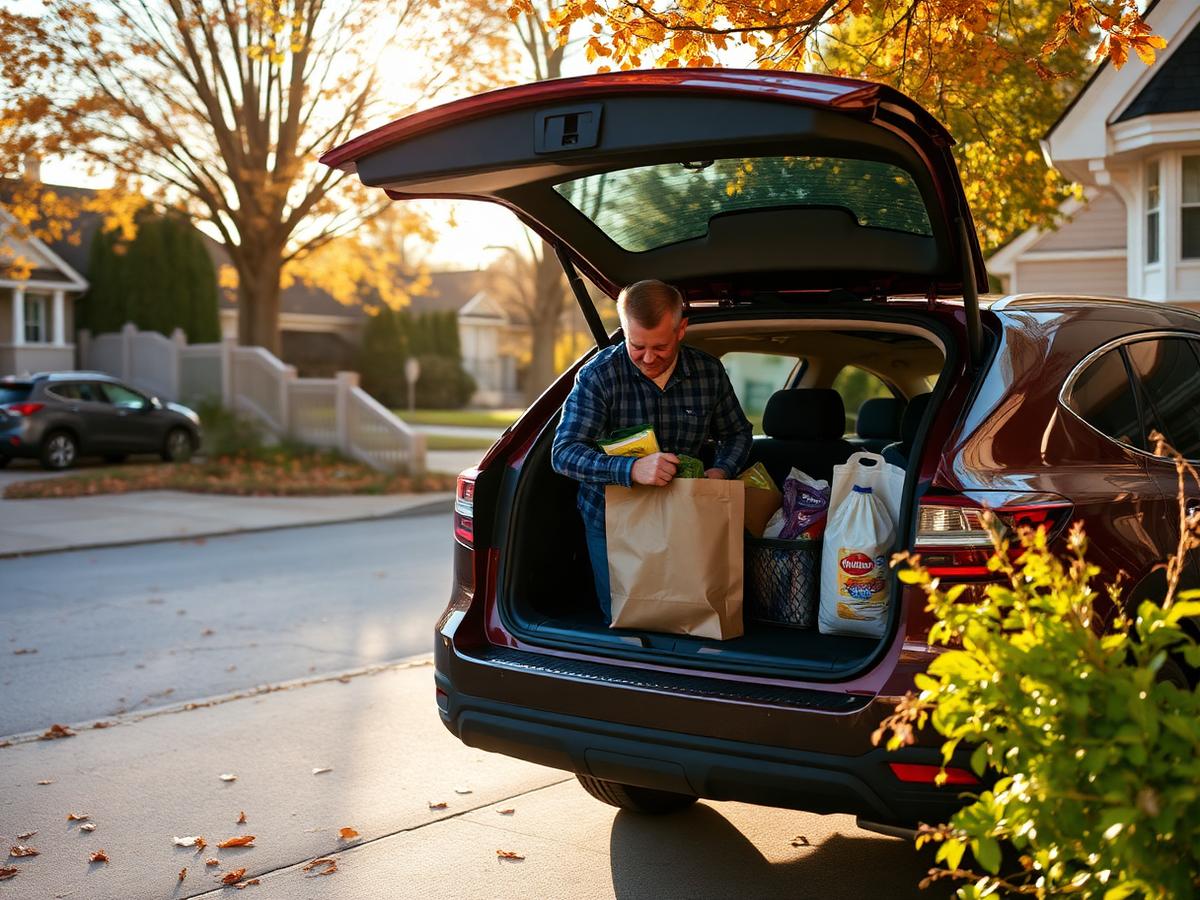 A driver loading groceries into the back of a car in a suburban driveway.
