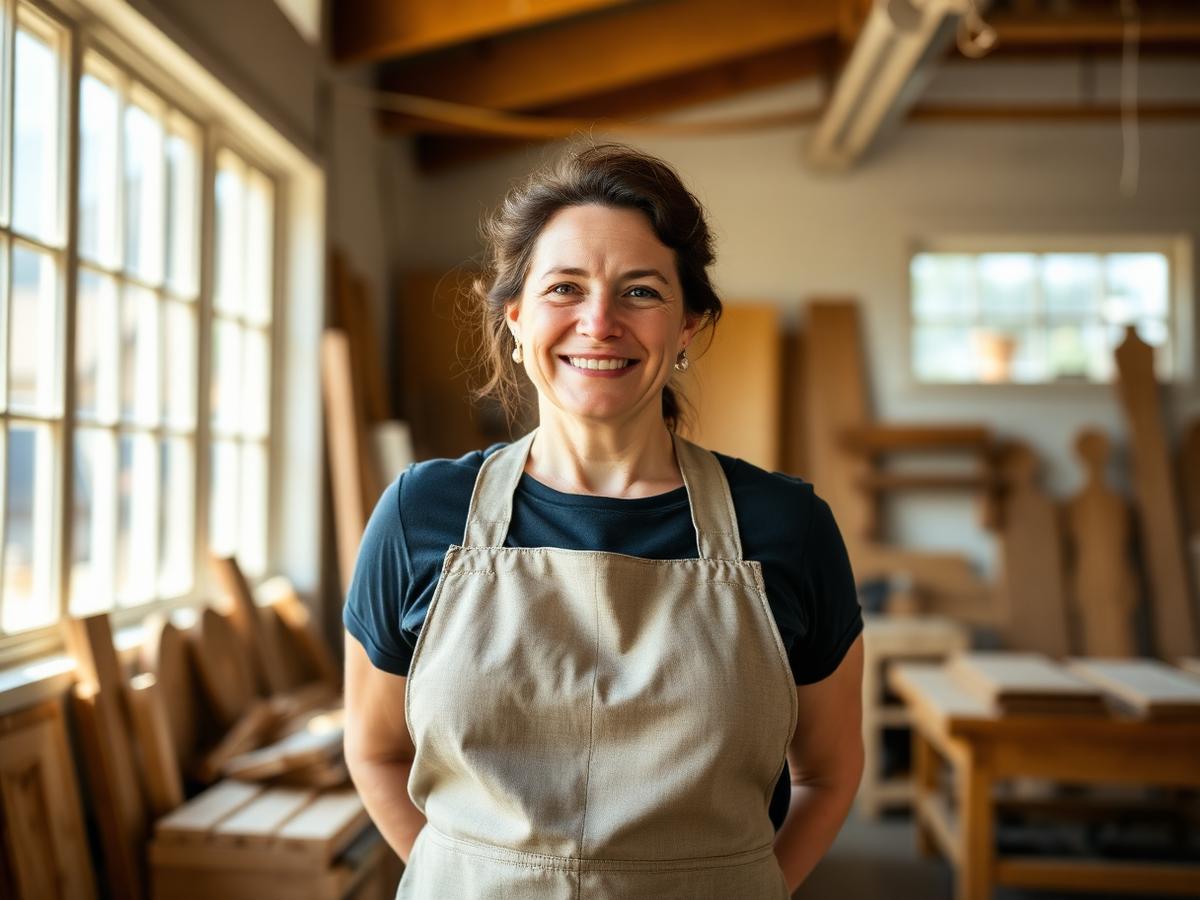A small business owner standing in her sunlit workshop.