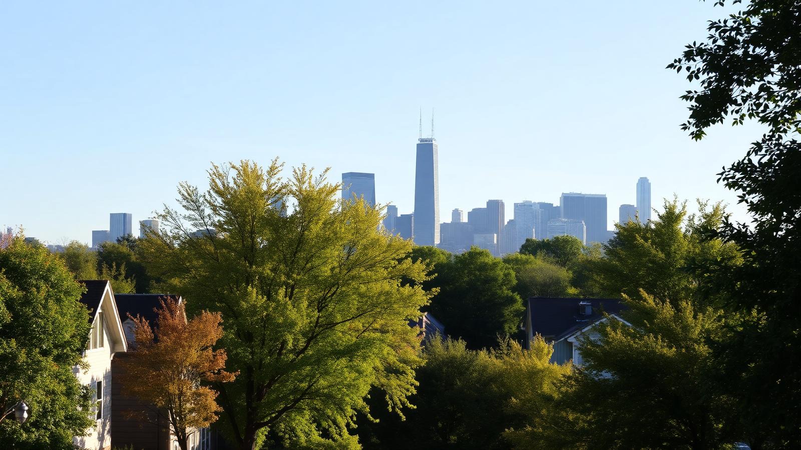 The Chicago skyline seen above the trees of a residential neighborhood on a clear morning.