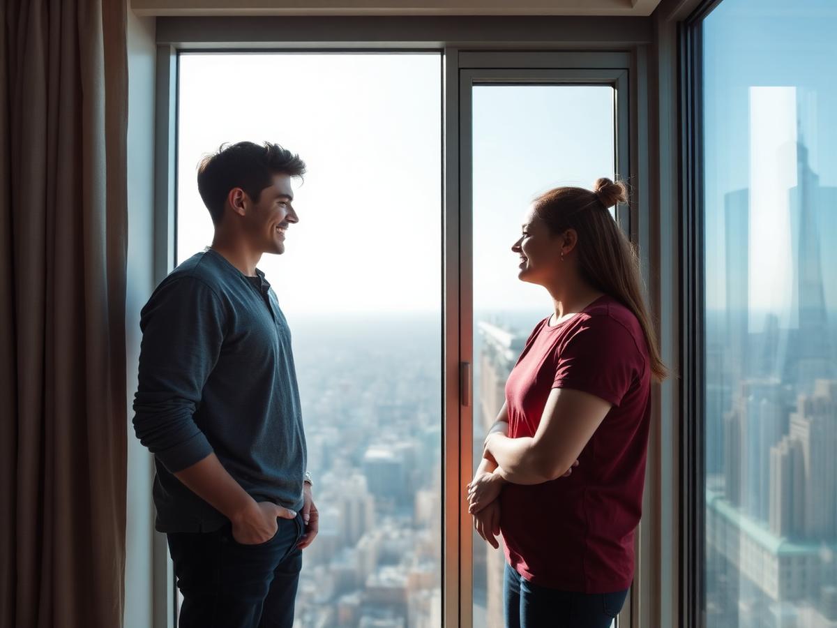 A couple talking beside the window of a high-rise condo with a city view.
