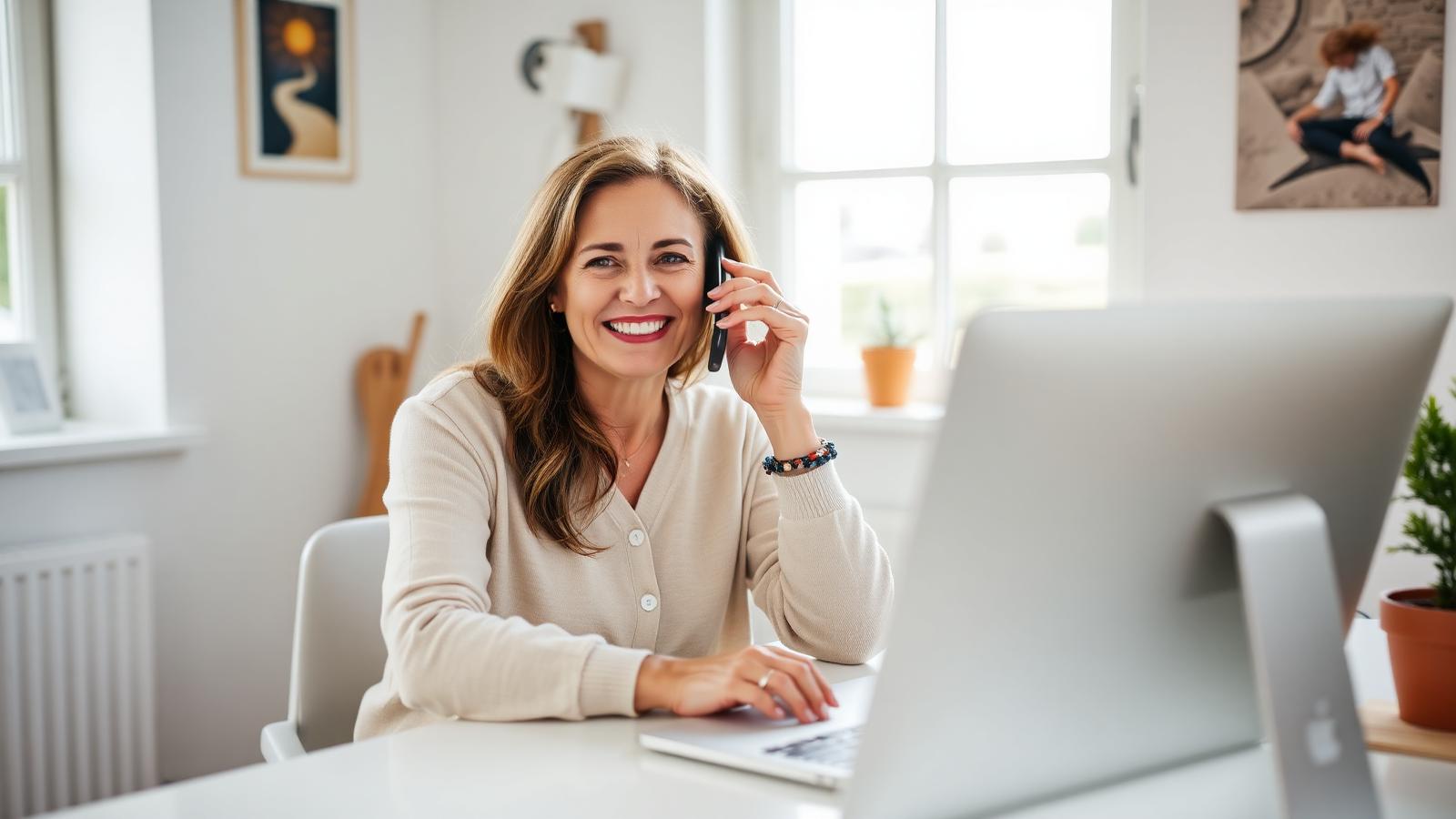A woman smiling during a phone conversation at a sunlit desk at home.