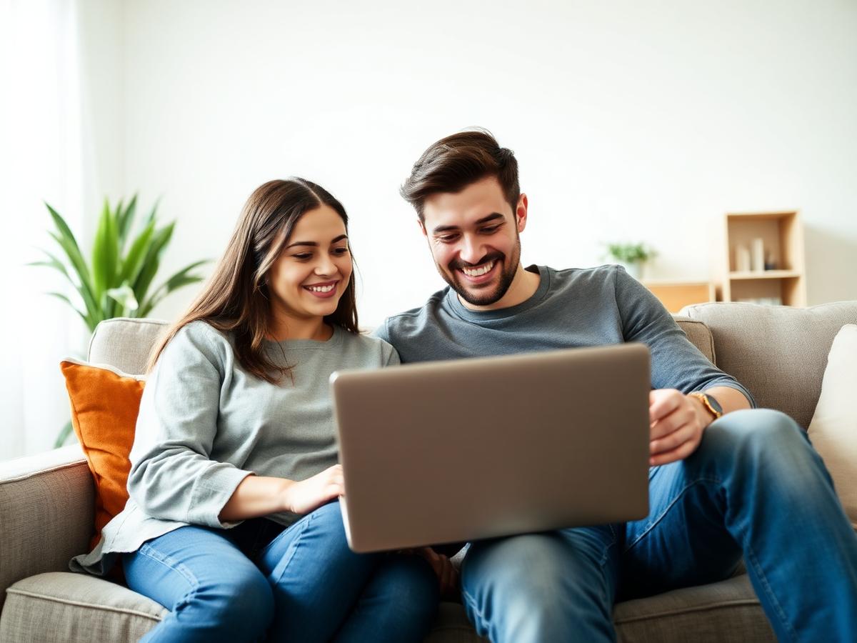 A parent and a teenager looking at a laptop together on a living room sofa.