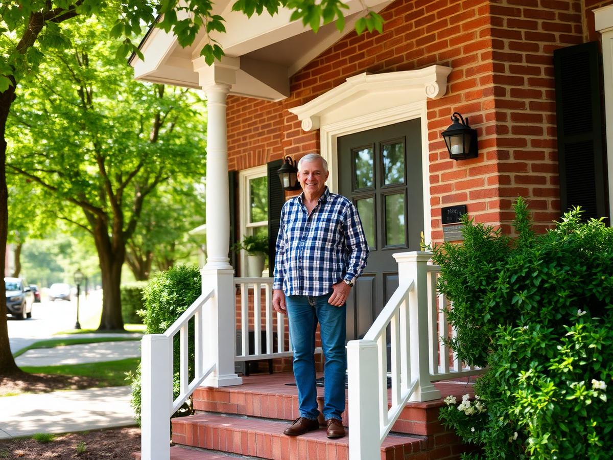 A homeowner standing on the front porch of a brick home on a tree-lined street.