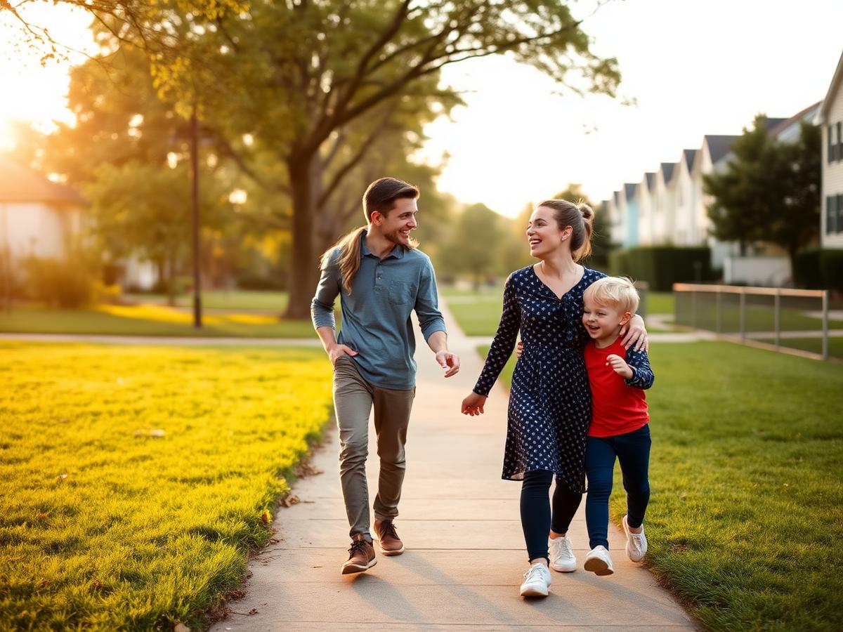 A young family walking together along a neighborhood park path in the afternoon.