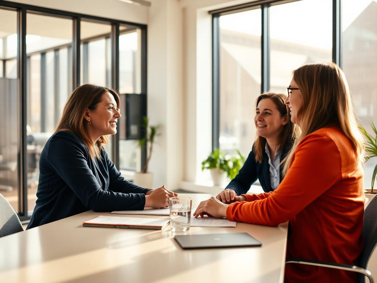 Three people talking across a table in a bright office with large windows.