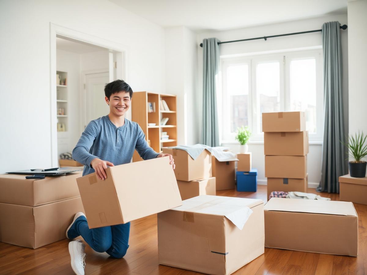 A young renter unpacking moving boxes in a sunny apartment.