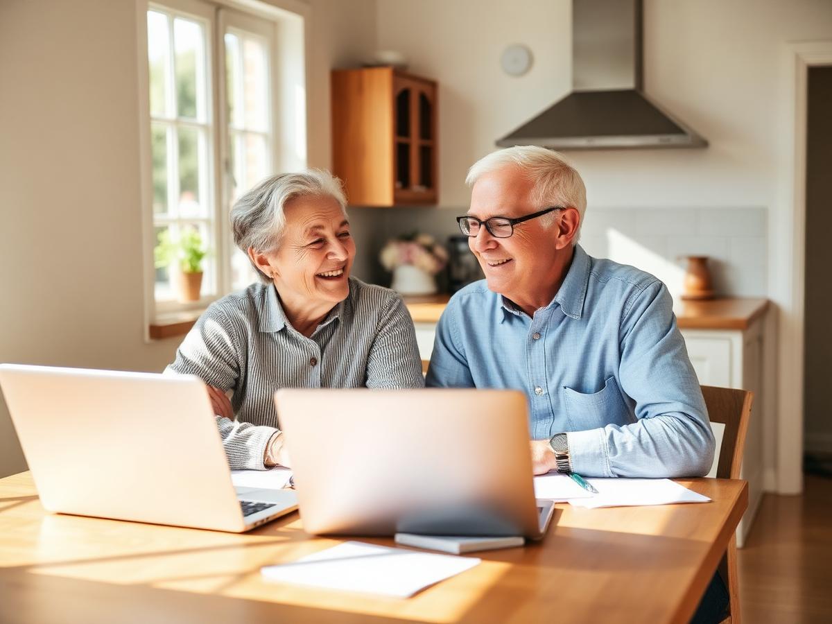 An older couple sitting together at a sunlit kitchen table with a laptop and papers.